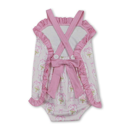Pink straps stripe bow floral baby girls summer romper