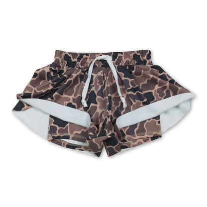 Brown camo kids girls summer active yoga shorts