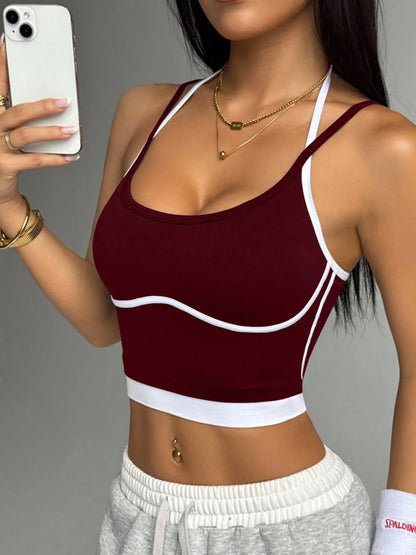 Women's Contrast Trim Halter Crop Cami Top - Sleeveless Ribbed Fitted Yoga Sports Bra Tank Top for Workout Gym Casual
