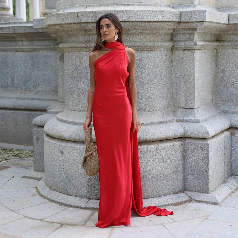 Elegant Ribbon Halter Dress Women Solid Off Shoulder Sleeveless Backless Slim Maxi Dresses 2025 Summer Autumn Party Robes Lady