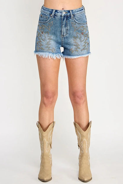 Saige High Rise Western Embroidery Shorts with Studs