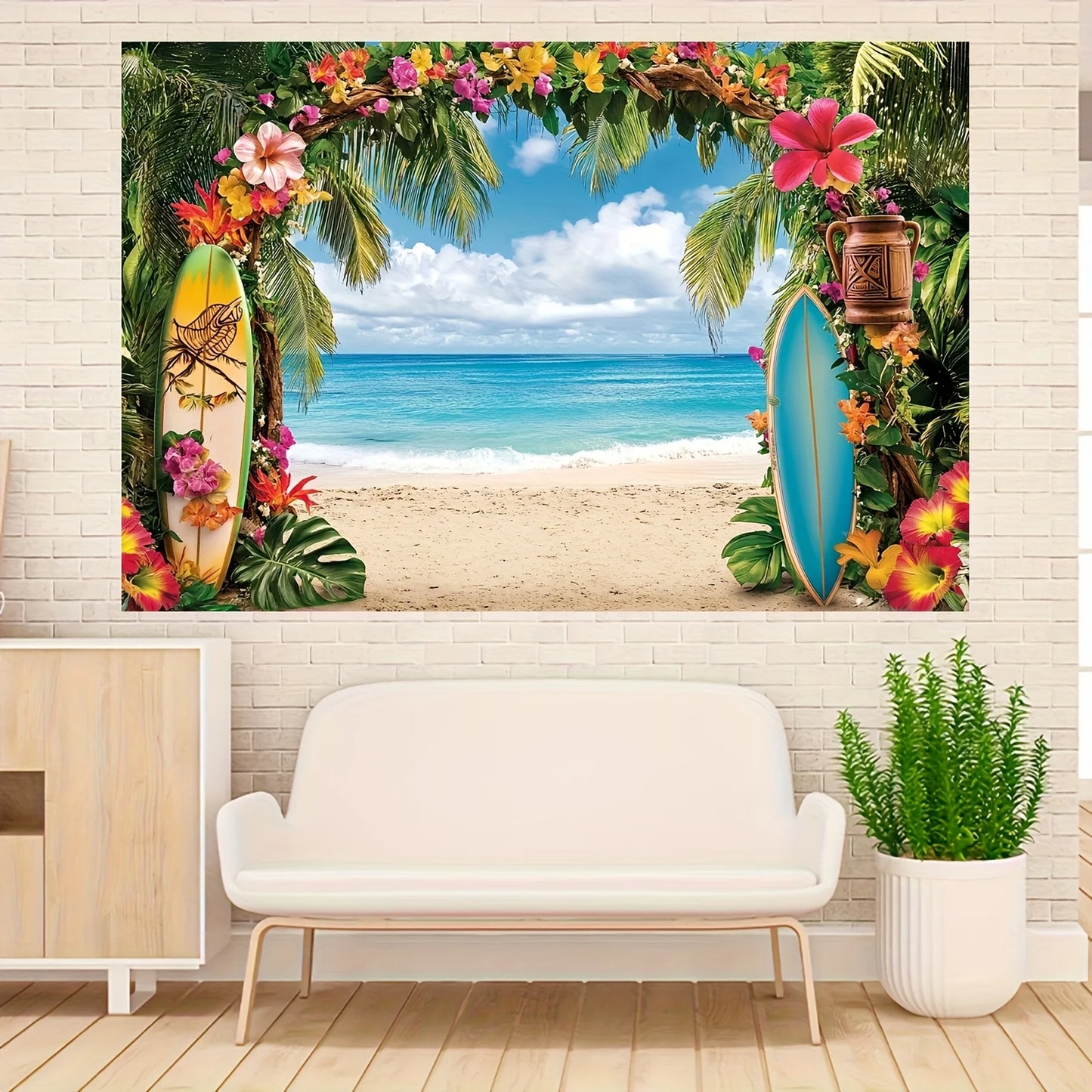 Hawaiian Beach background banner - tropical flowers, including palm