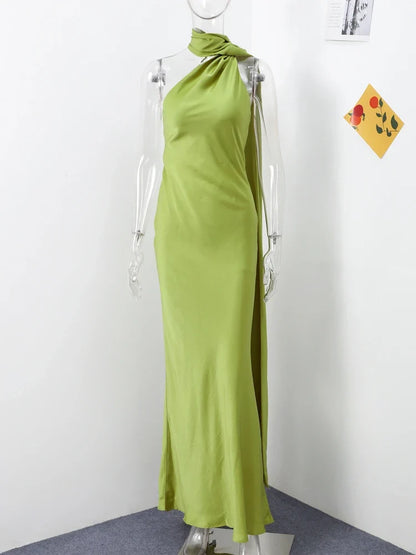 Elegant Ribbon Halter Dress Women Solid Off Shoulder Sleeveless Backless Slim Maxi Dresses 2025 Summer Autumn Party Robes Lady