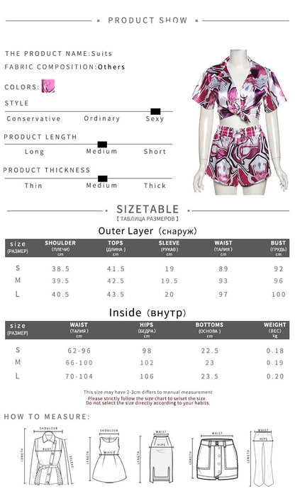 Multi-Color Print Two Piece Set Casual Short Sleeve Pleat Top+ High Waist Elastic Shorts