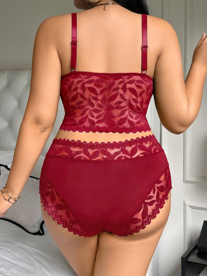 Women's Plus Size Sexy Lingerie Set Lace Floral Mesh Unlined Wireless Bra Breathable Sexy Lace Trim Panties 1Xl-4Xl