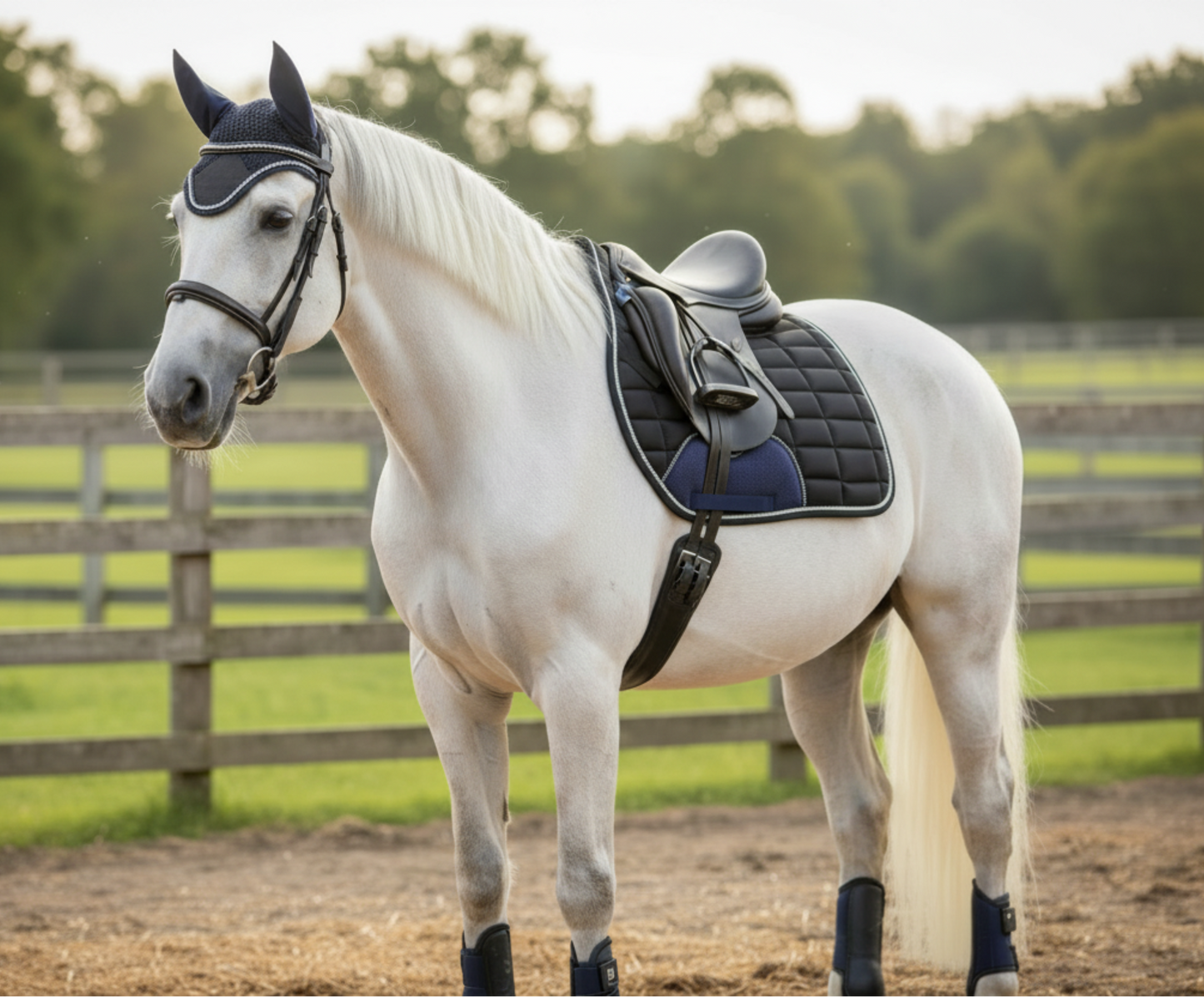 Black Cotton Jumping Horse Saddle Pad with Ear Bonnet and Blushing Boot / Bell Boot option