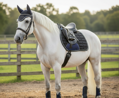 Black Cotton Jumping Horse Saddle Pad with Ear Bonnet and Blushing Boot / Bell Boot option