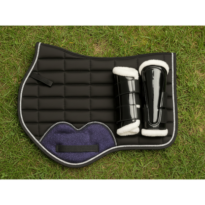 Black Cotton Jumping Horse Saddle Pad with Ear Bonnet and Blushing Boot / Bell Boot option