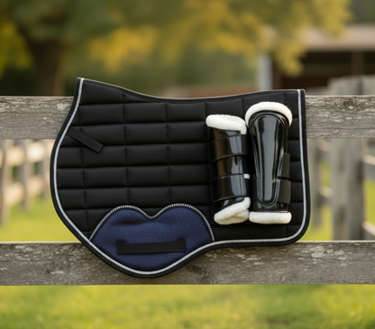 Black Cotton Jumping Horse Saddle Pad with Ear Bonnet and Blushing Boot / Bell Boot option