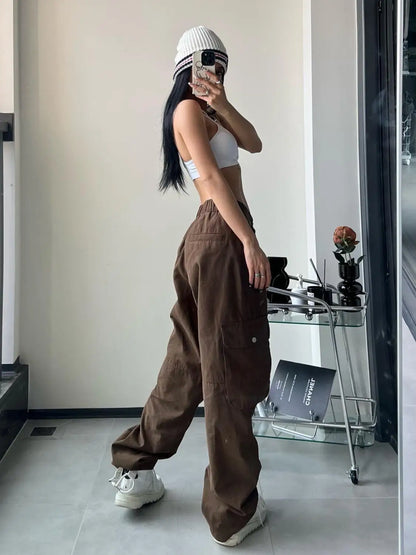 Vintage Cargo Pants Women Gyaru Brown Fashion Baggy Baddies Streetwear Hippie Trousers Casual 90s Aesthetic