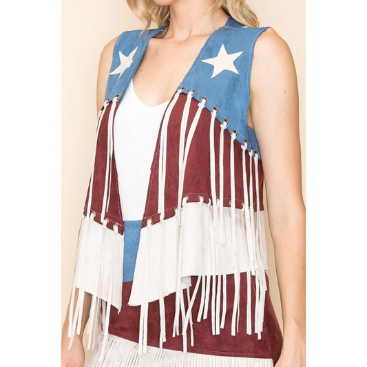Suede Raw Edge Fringe Multi-Color Vest with Stars