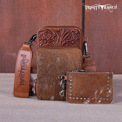 Trinity Ranch Genuine Hair-On Cowhide /Tooled Collection Phone Purse with Coin Pouch