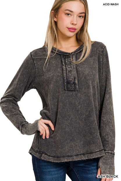 Washed Cotton Long Sleeve Top with Thumb Hole Cuffs & Button Closure – Raw Edge Detail
