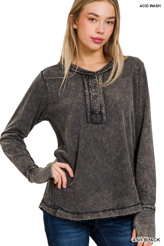 Washed Cotton Long Sleeve Top with Thumb Hole Cuffs & Button Closure – Raw Edge Detail