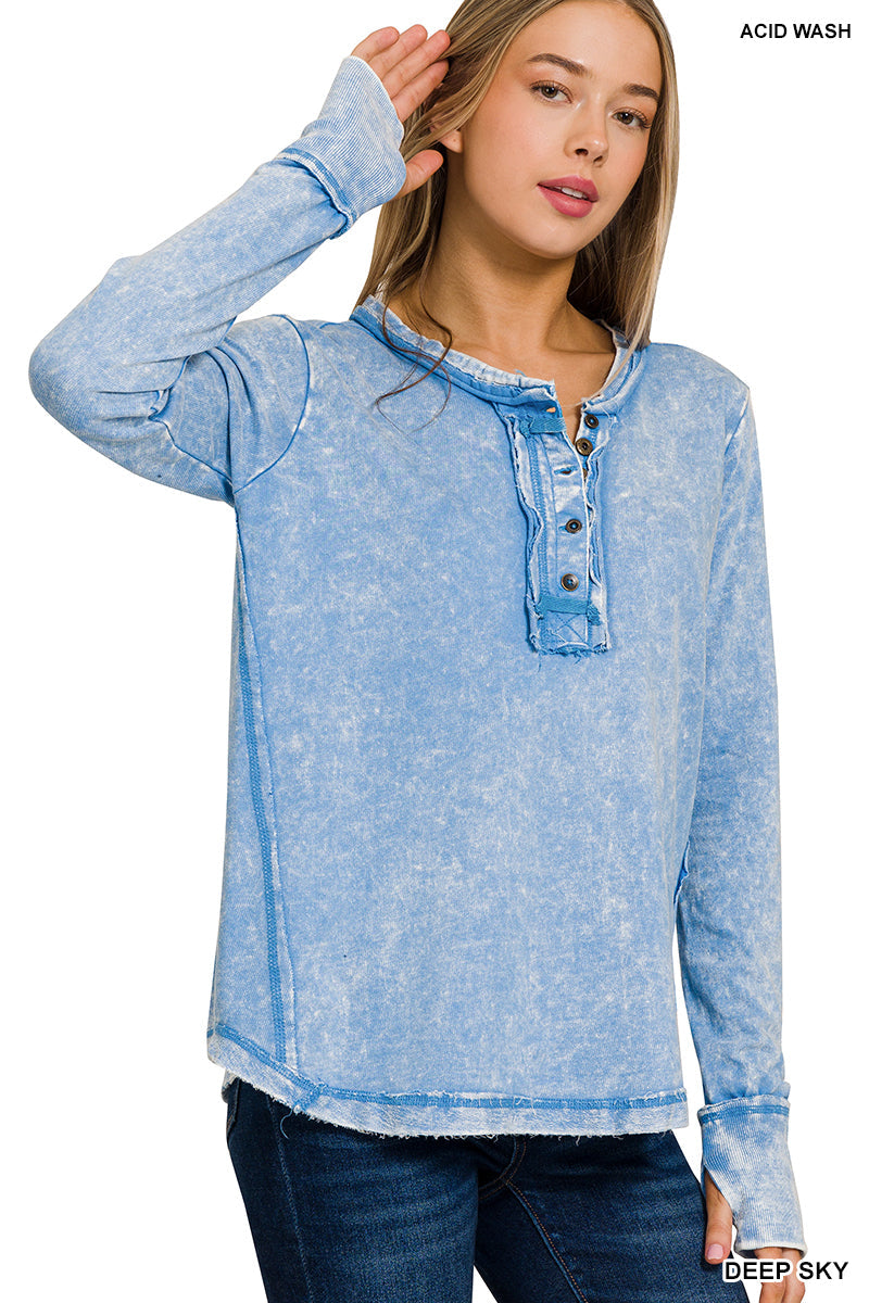 Washed Cotton Long Sleeve Top with Thumb Hole Cuffs & Button Closure – Raw Edge Detail
