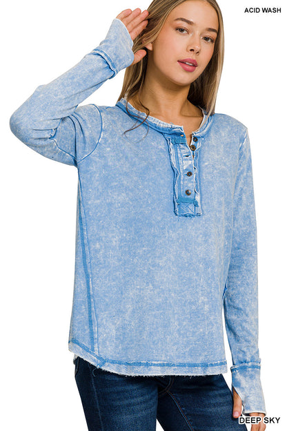 Washed Cotton Long Sleeve Top with Thumb Hole Cuffs & Button Closure – Raw Edge Detail