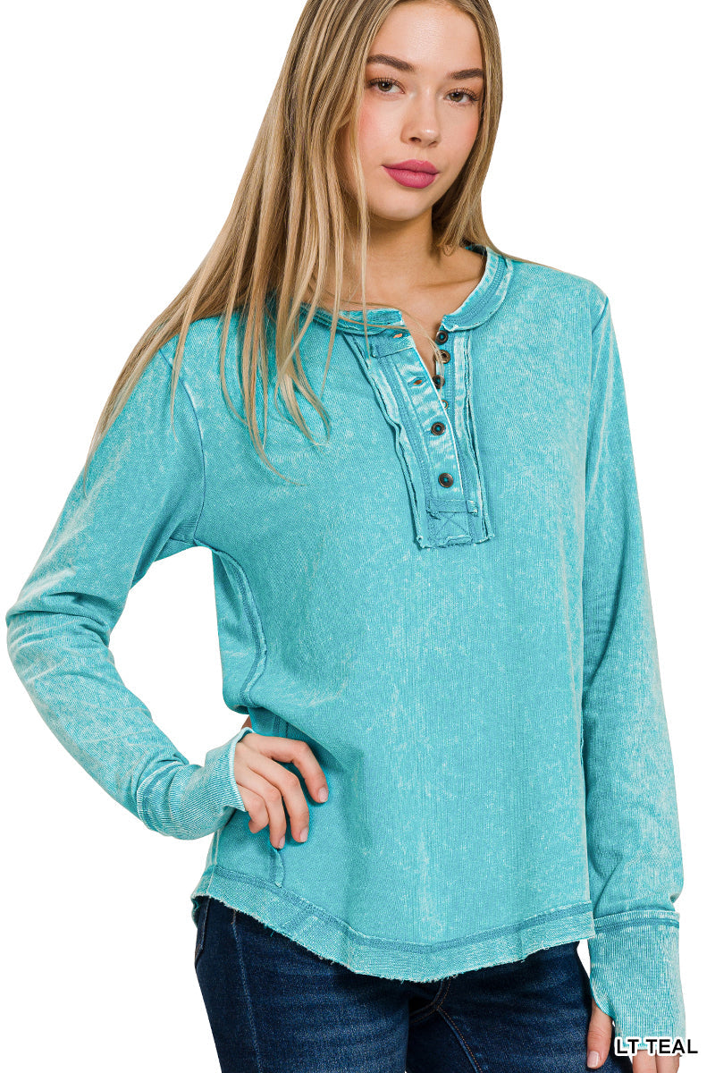 Washed Cotton Long Sleeve Top with Thumb Hole Cuffs & Button Closure – Raw Edge Detail