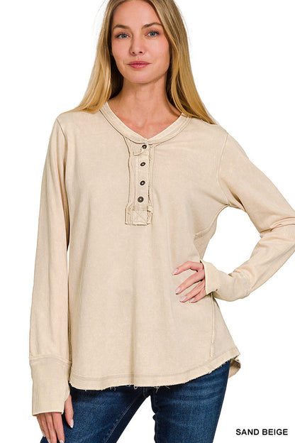 Washed Cotton Long Sleeve Top with Thumb Hole Cuffs & Button Closure – Raw Edge Detail