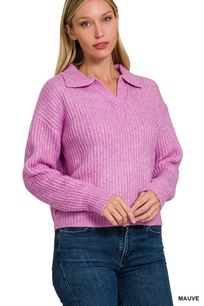 Zenana Melange Collared V-Neck Sweater – Classic Basic Knit Top