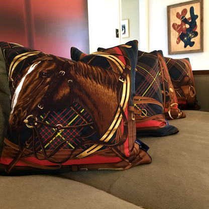 Tartan Equestrian Vintage Silk Scarf Pillows 17"