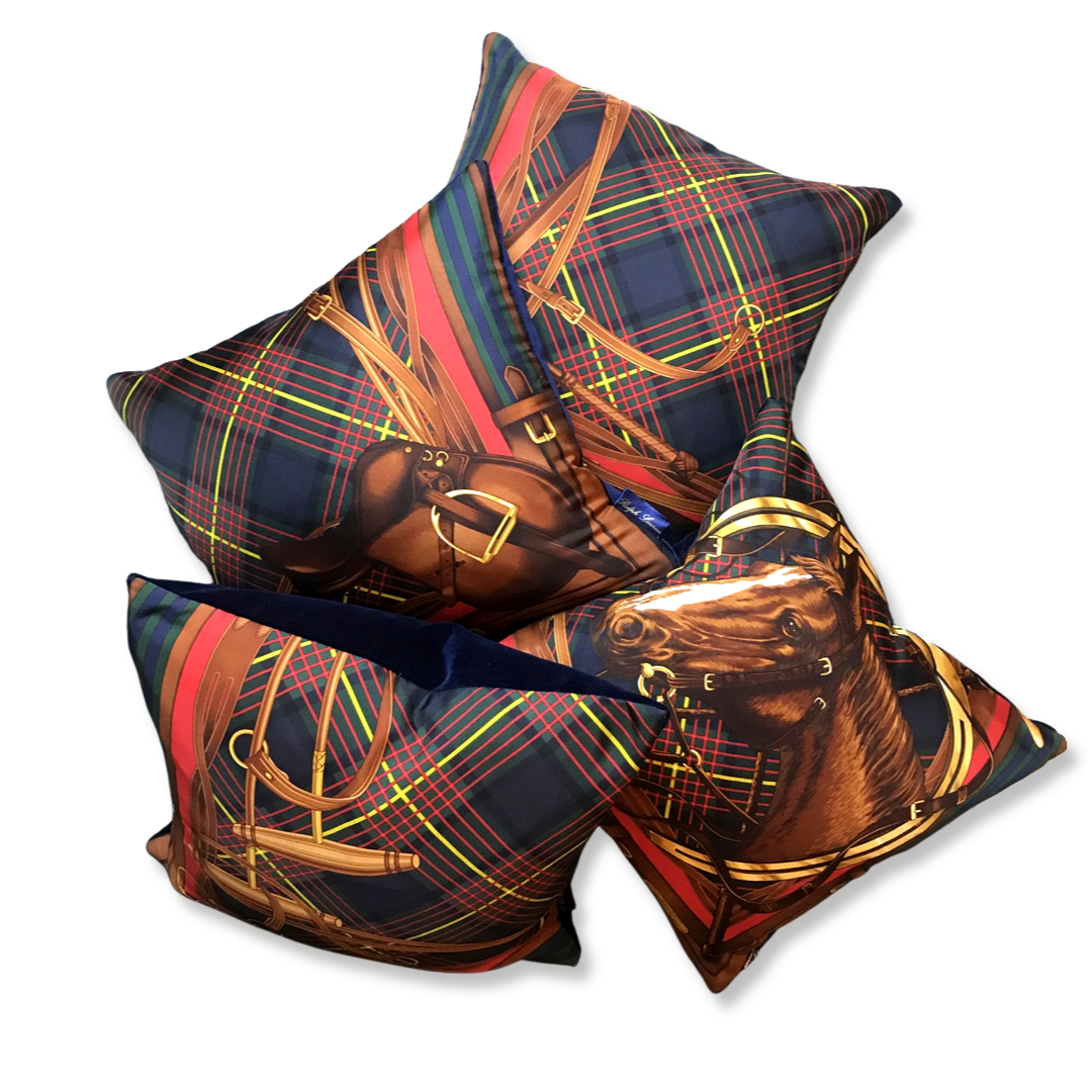 Tartan Equestrian Vintage Silk Scarf Pillows 17"