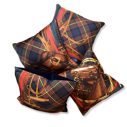 Tartan Equestrian Vintage Silk Scarf Pillows 17"