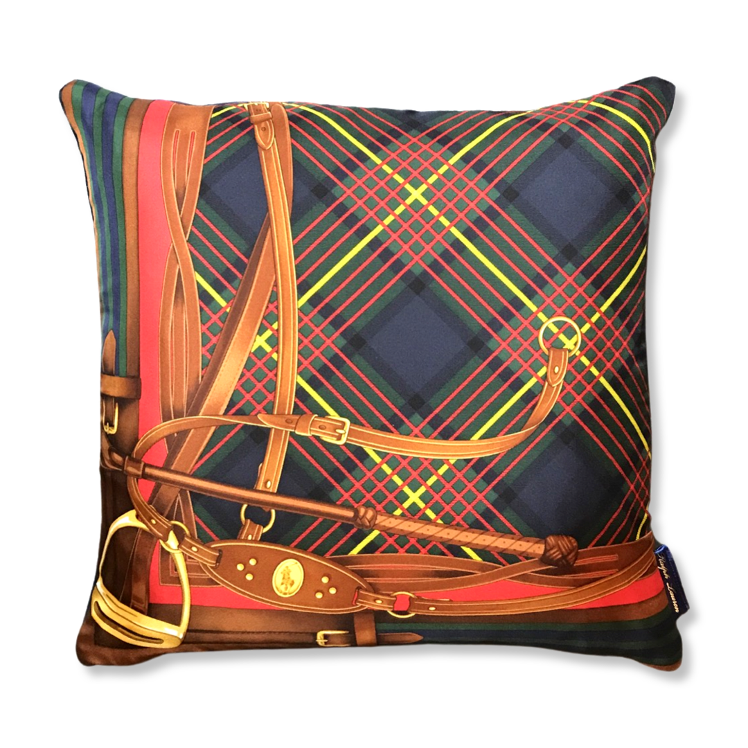 Tartan Equestrian Vintage Silk Scarf Pillows 18"