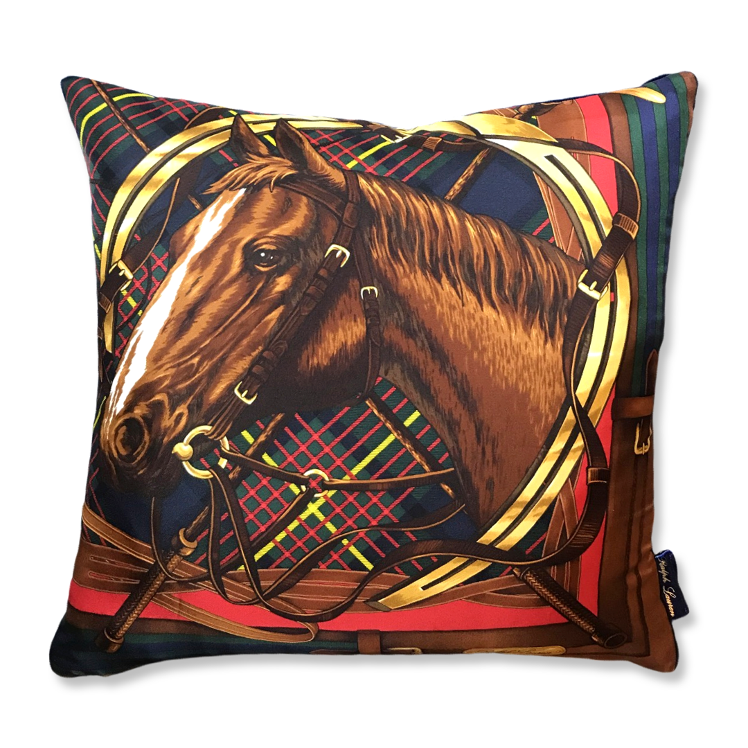 Tartan Equestrian Vintage Silk Scarf Pillows 18"
