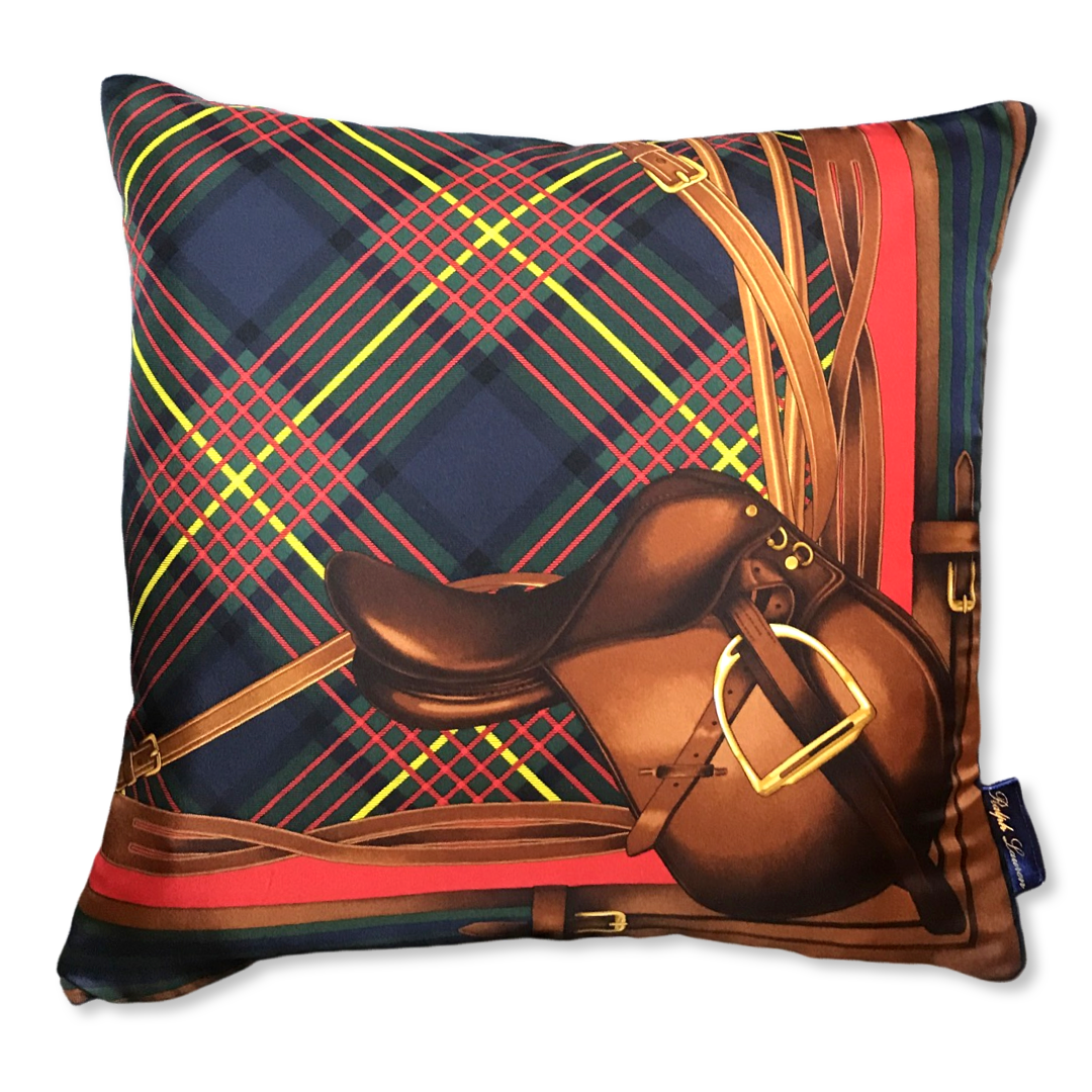 Tartan Equestrian Vintage Silk Scarf Pillows 18"