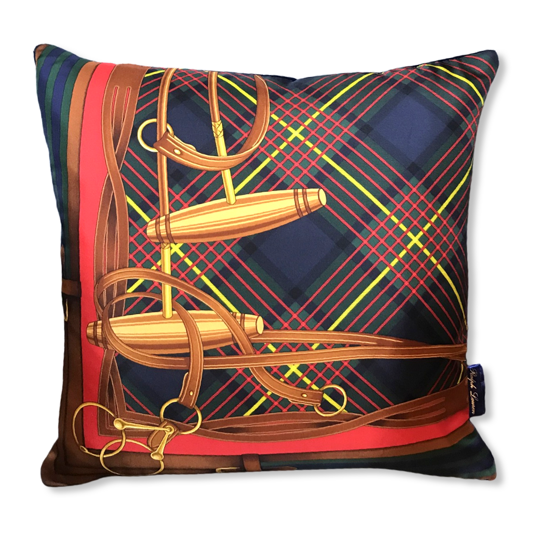 Tartan Equestrian Vintage Silk Scarf Pillows 18"