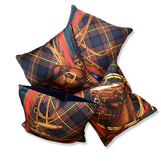 Tartan Equestrian Vintage Silk Scarf Pillows 18"
