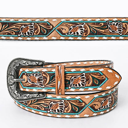 Tooled Leather Belt - White Daisy Floral with Teal Diamond Accents