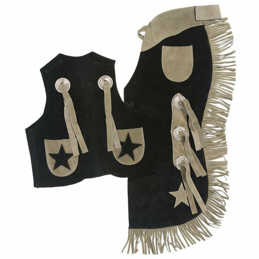Tough-1 Youth Black Leather Vest & Chaps Set – Medium