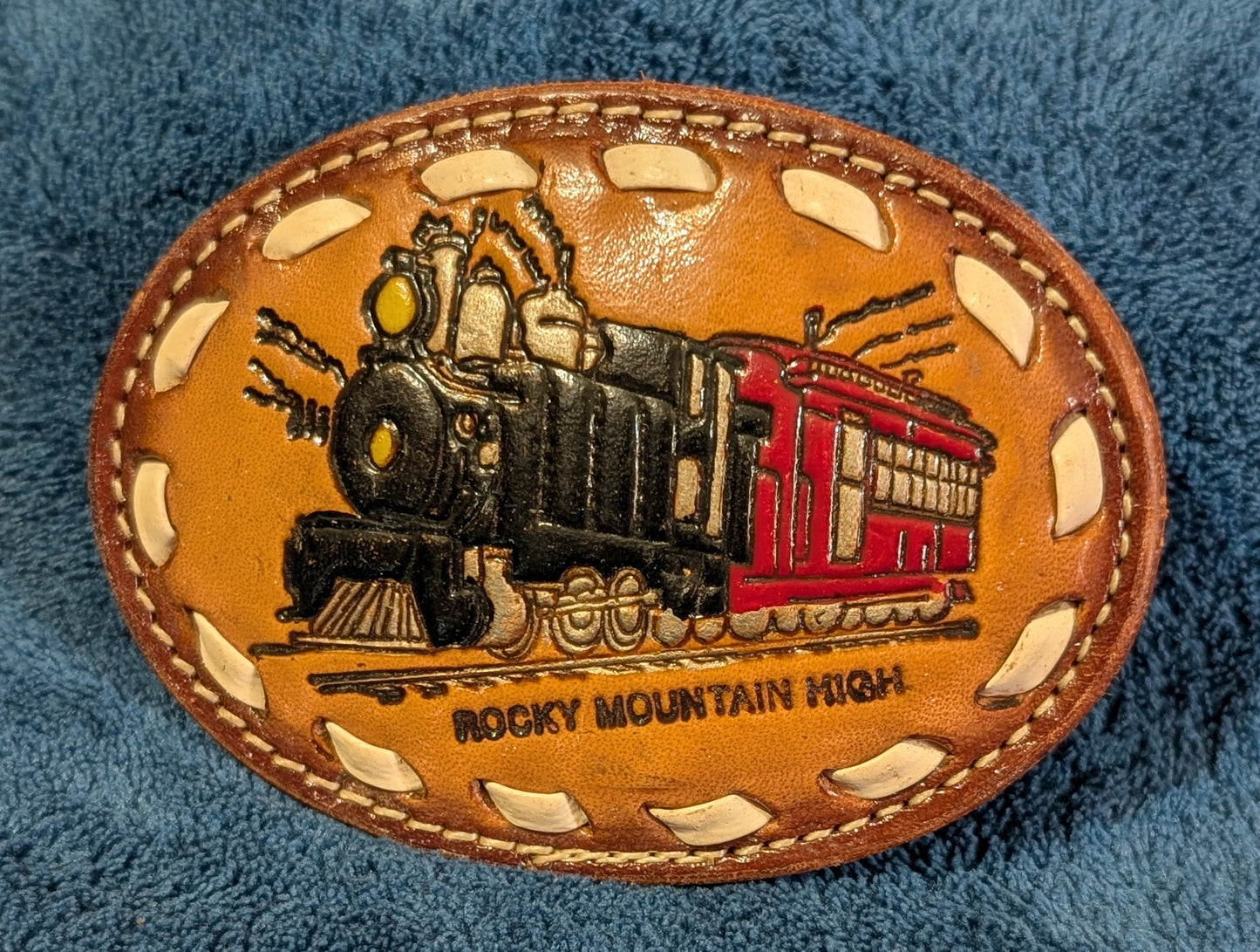 Vintage Genuine Leather “Rocky Mountain High” Train Belt Buckle with Buckstitch