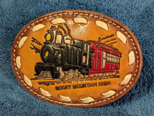 Vintage Genuine Leather “Rocky Mountain High” Train Belt Buckle with Buckstitch