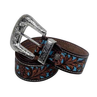 Myra Turquoise Floral Leather Belt with Antique Silver Buckle – Western Chic Women’s Accessory