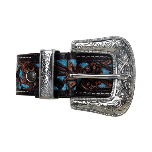 Myra Turquoise Floral Leather Belt with Antique Silver Buckle – Western Chic Women’s Accessory