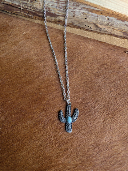 Turquoise Rhinestone Cactus Necklace – Vintage Western Jewelry