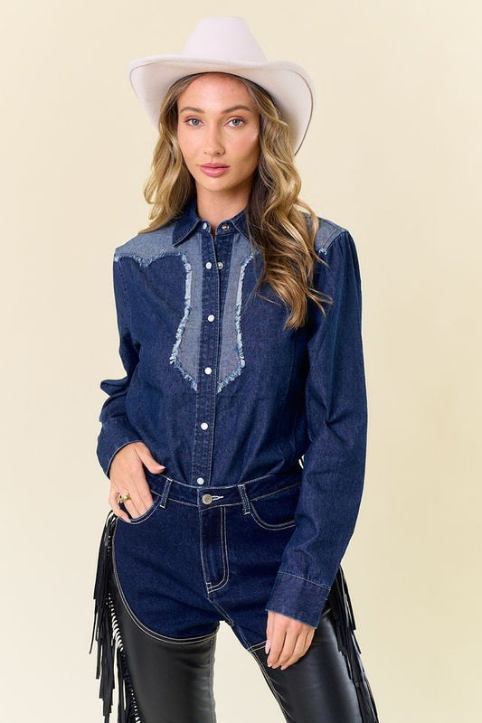 Two Tone Western Dark Denim Shirt