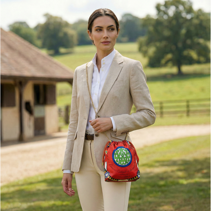 Couvertures et Tenues du Jour Red Vintage Silk Scarf Drawstring Crossbody Bag