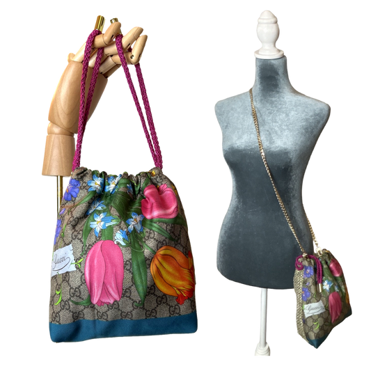 GG Logo Flora Vintage Scarf Drawstring Crossbody Bag