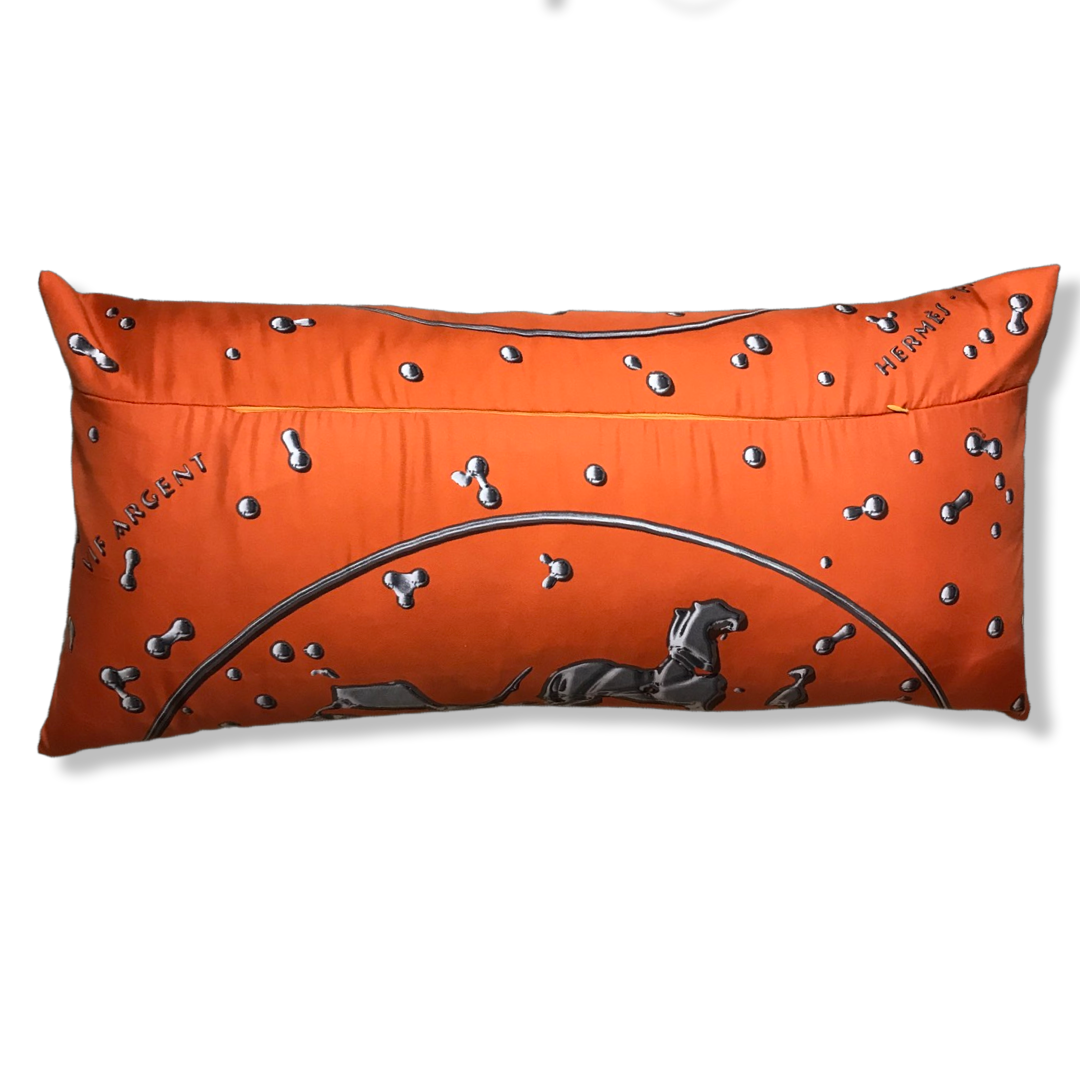 Vif Argent Orange & Silver Vintage Silk Scarf Lumbar Pillows 35"