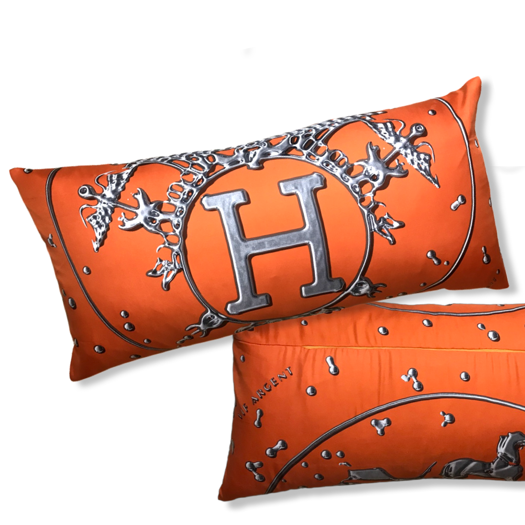 Vif Argent Orange & Silver Vintage Silk Scarf Lumbar Pillows 35"