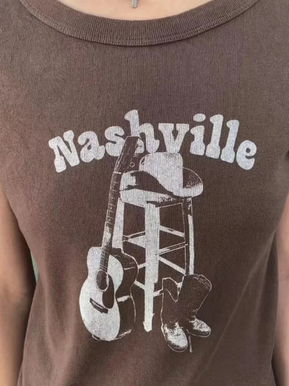 Vintage Brown Guitar Print Slim Tee Tops Women