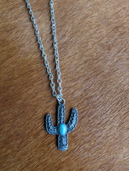 Turquoise Rhinestone Cactus Necklace – Vintage Western Jewelry