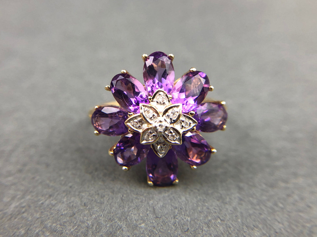 Vintage 10k Gold Amethyst and Diamond Ring. Vintage Gifts for Her.