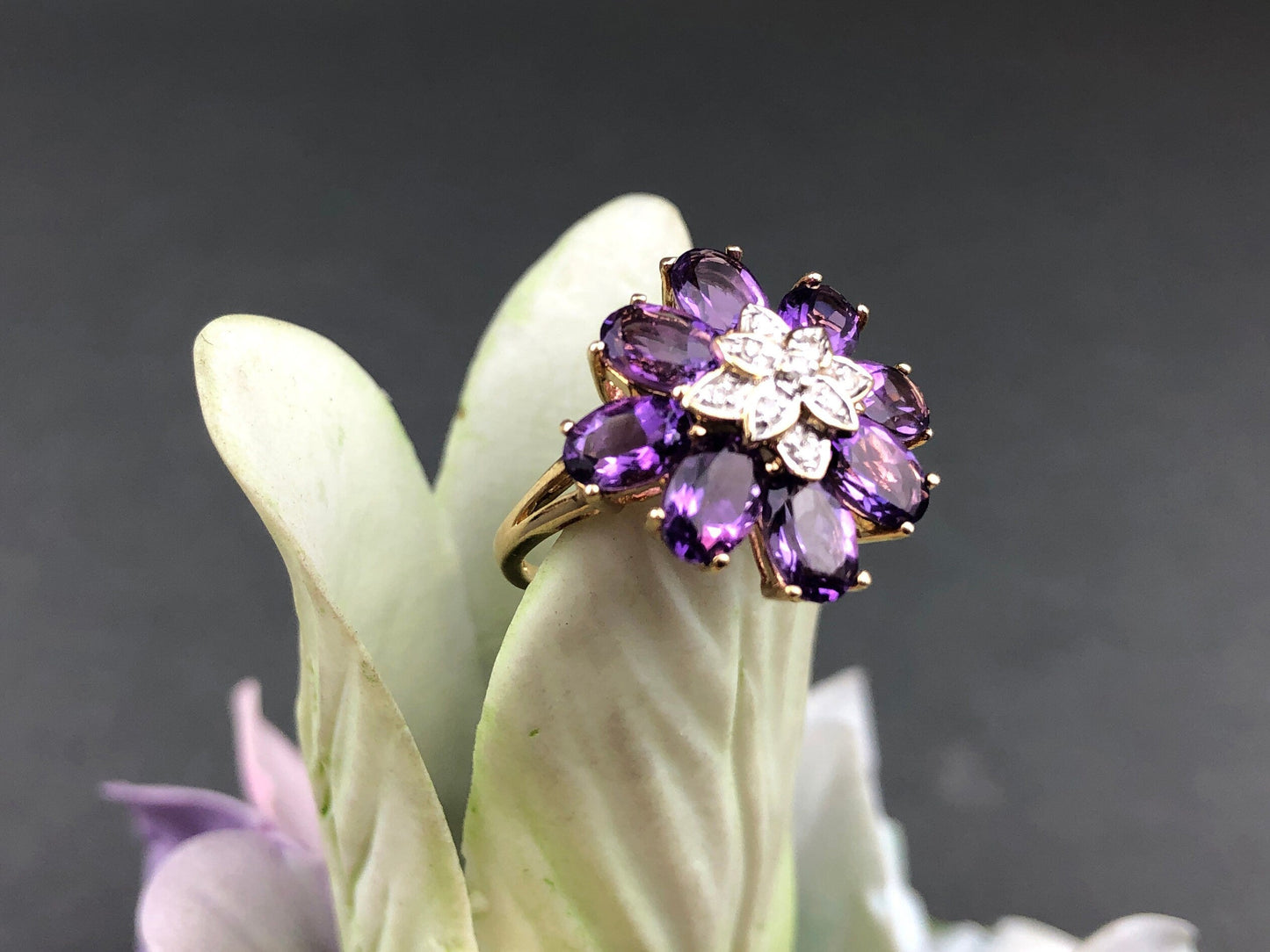 Vintage 10k Gold Amethyst and Diamond Ring. Vintage Gifts for Her.