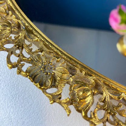 Vintage Large Gold Dresser Vanity Mirror Tray. Rich Gilded Metal Tea Rose Oval Frame. Chic Bedroom Bath Perfume Display. Wall Hanging.