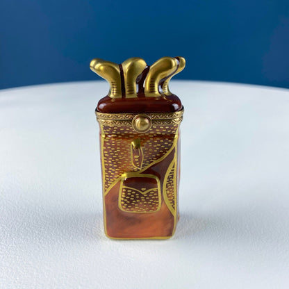Golf Club Bag Collectible Porcelain Limoges Box.  Miniature Hand Painted Pill or Trinket Box. Gift for Golfing Dad, Buddy, Him Her.