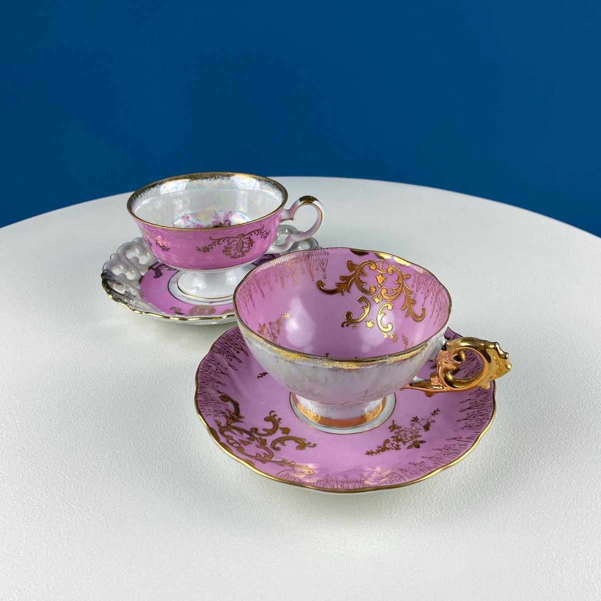 Vintage Pink Tea Cups and Saucers with  Gold Accents. Set of 2 Cups. Different Motifs. Hand Painted Fruit. Gift for Couple. Tea Lovers.